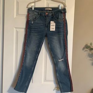 NWT zara stretch jeans with red racing stripe